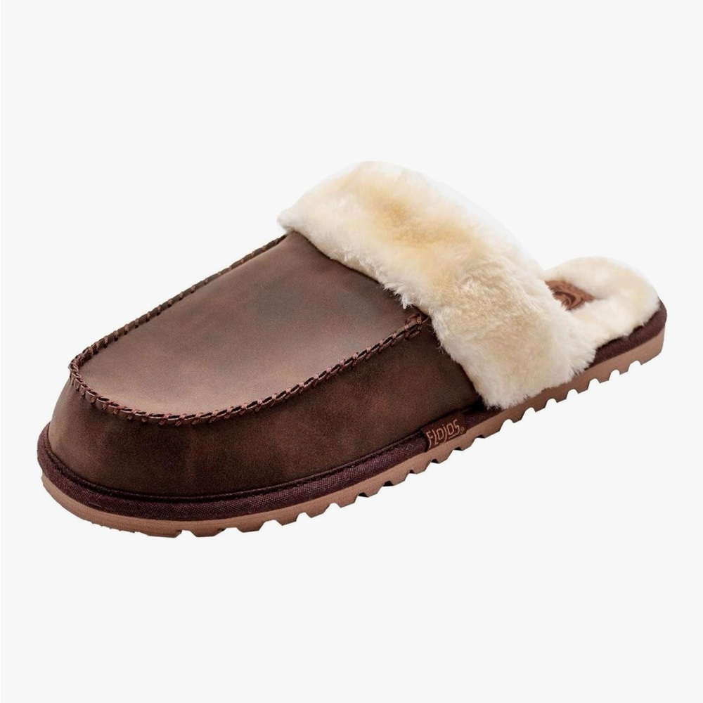Flojos Lynx Sherpa Lined Slide Slipper BNWT Womens Sz 6 Men’s Sz 5 Brown
